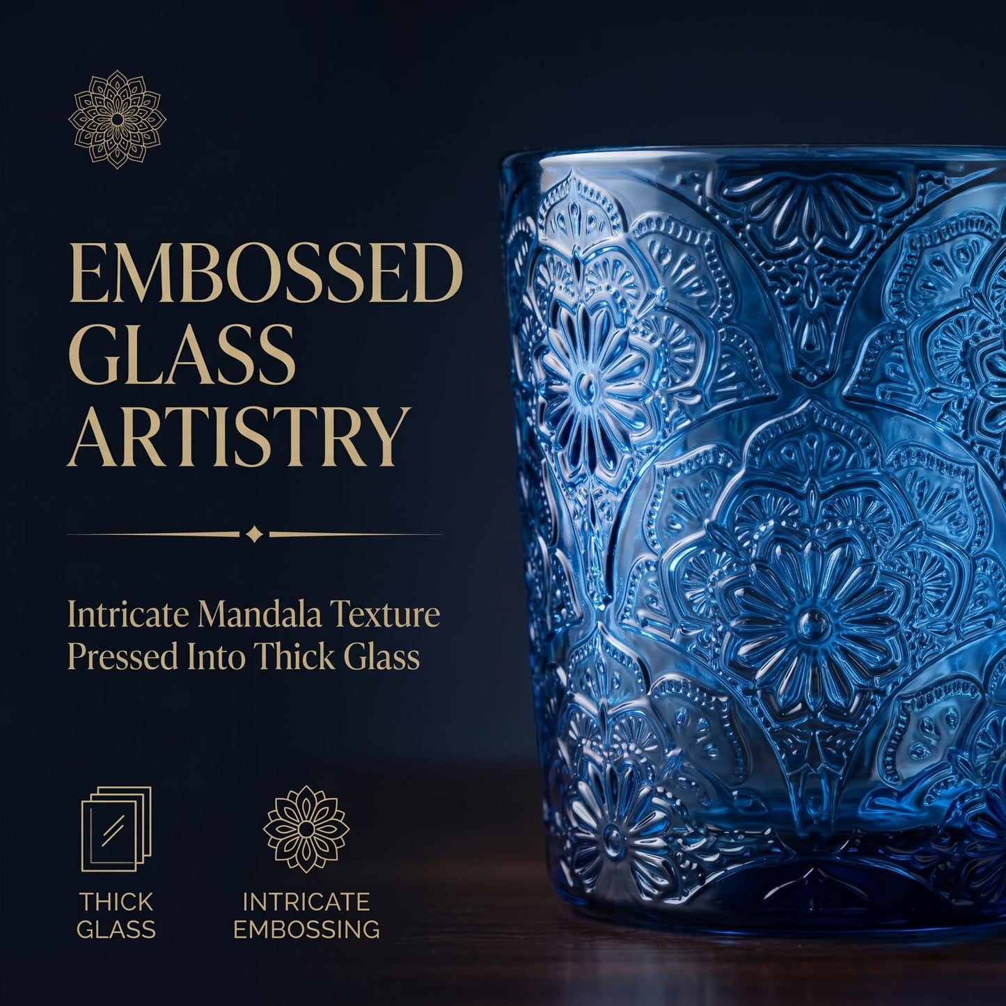 6 Pack Mandala Embossed Glass Candle Holders – Votive Tealight Holders with Patent Design, Decorative Embossed Glass Cups for Wedding Centerpieces, Parties, and Home Décor (Ocean Blue)