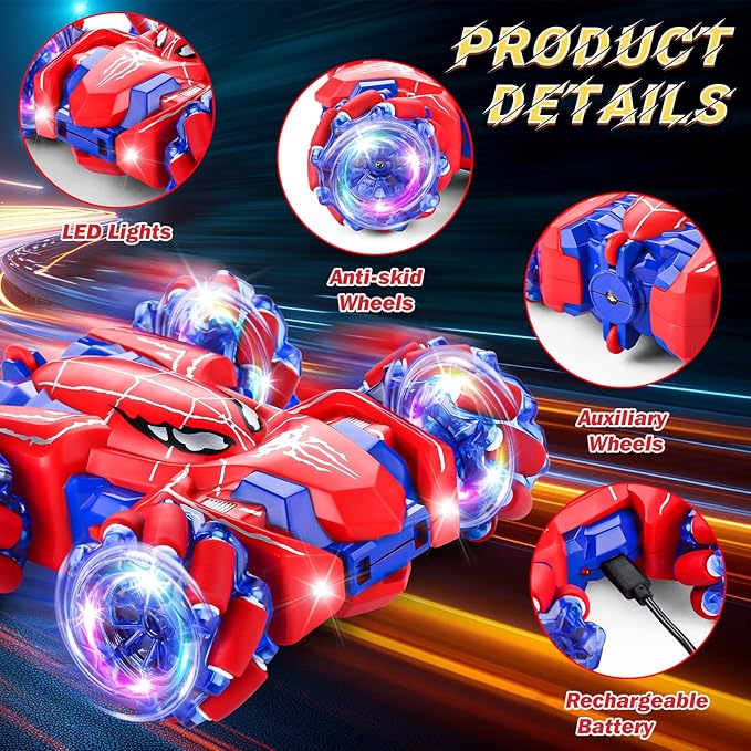Spider Remote Control Car 2.4Ghz RC Cars with Headlight Double Sided Off-Road 360° Rotating Rechargeable 4WD RC Stunt Car Indoor Outdoor Spider Toys for Boys 4-6 5-7 8-13
