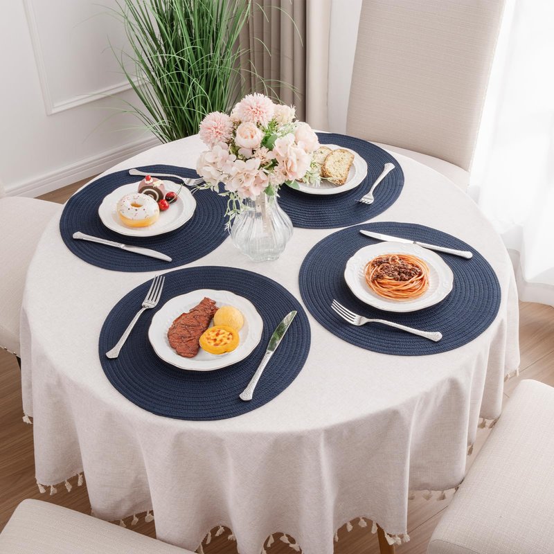 SHACOS 15 inch Round Placemats Set of 12 for Dining Table Braided Circle Place Mats Kitchen Table Placemat Washable Table Mats, Navy Blue