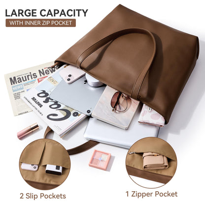WLLWOO Soft Vegan Leather Tote Bag for Women Large Casual Hobo Handbags Zipper Shoulder Work Daily Weekender Travel Purse, Coffee
