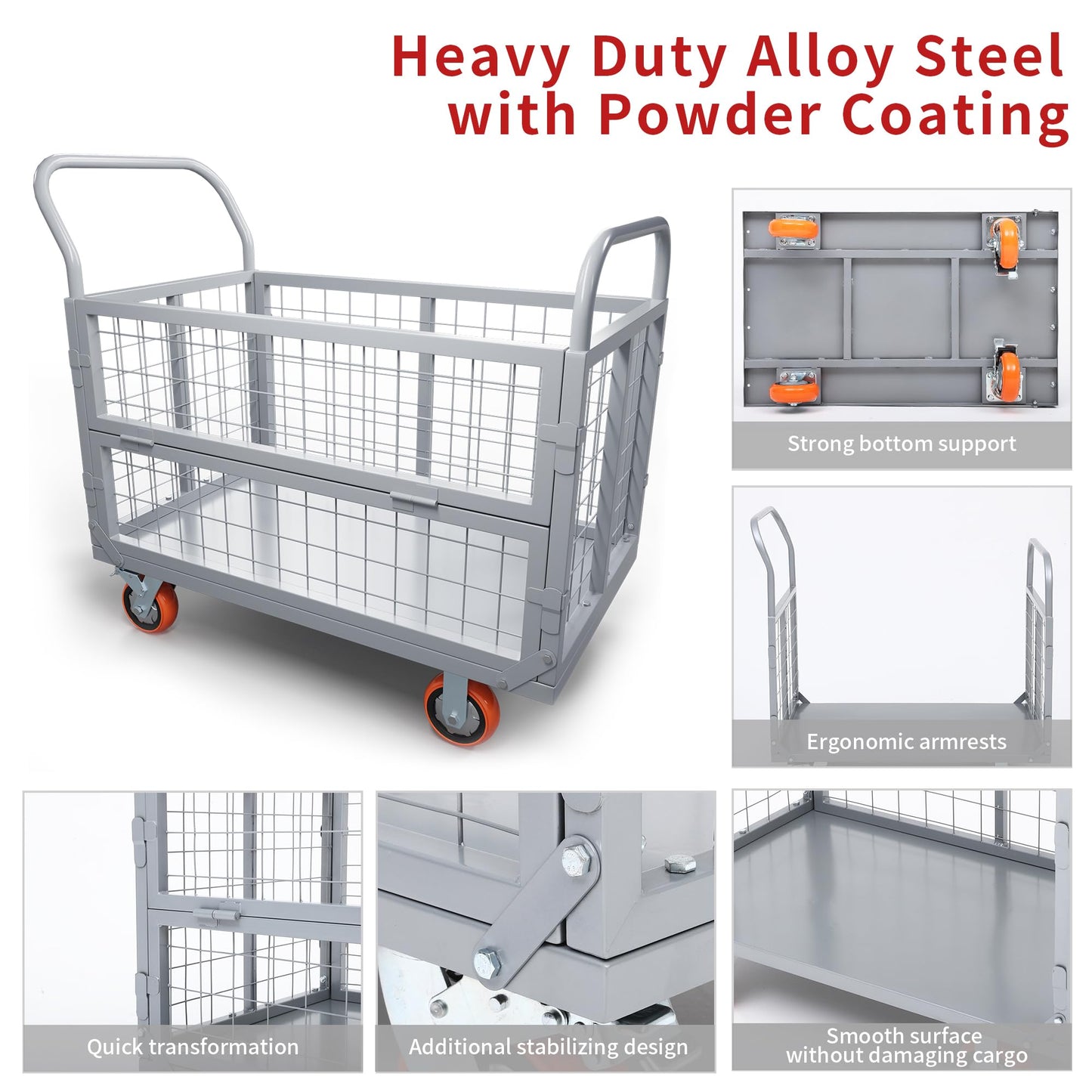 YITAMOTOR 2000lbs Platform Truck Cart with Cage, 6-in-1 Foldable Heavy Duty Hand Truck Flatbed Cart with 6" Swivel Casters, Multi-Functional Push Dolly for Grocery, Laundry, Warehouse, Storage
