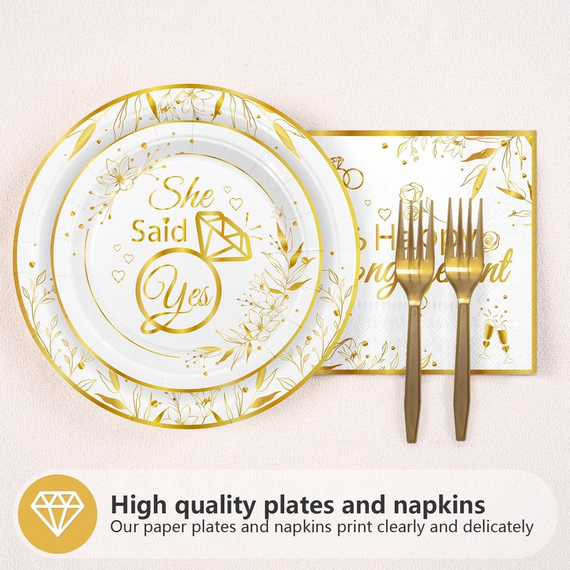 Grencian 96Pcs Happy Engagement Party Supplies White Gold Diamond Ring Plates Napkins She Said Yes Party Disposable Dinnerware for Wedding Bridal Shower Just Engaged Decoration Serve 24