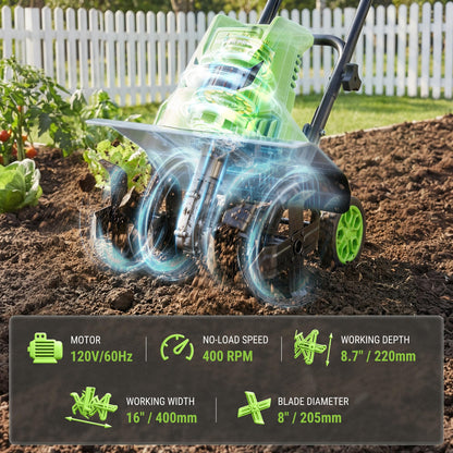 WORKPRO 12.5 Amp Electric Garden Tiller & Cultivator, 16" Tilling Width & 8.7" Depth, 6 Steel Tines, 4-Position Adjustable Wheels, Safety Switch, Corded Rototiller for Garden, Lawn & Flower Beds