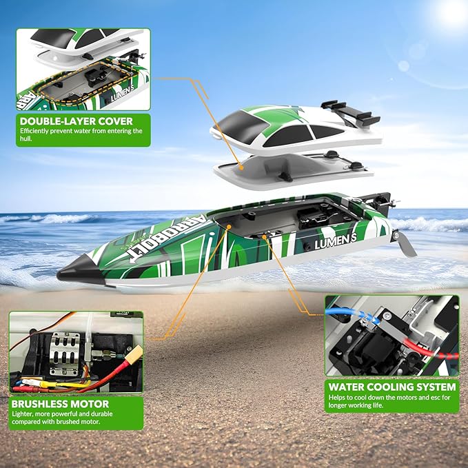 Brushless RC Boat - Remote Control Boats for Adults with LED Lights Racing Boats for Pool&ampLakes2.4GHz RC High Speeding Summer Water Toy (Green)