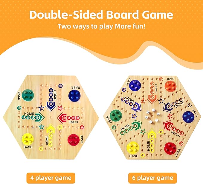 Wooden Board Game Original Marble Game Double Sided Painted 2 to 6 Player Fast Track Board Game Wooden with 6 Colors 24 Marbles 6 Dice for Adults Kids Family(15 INCH)