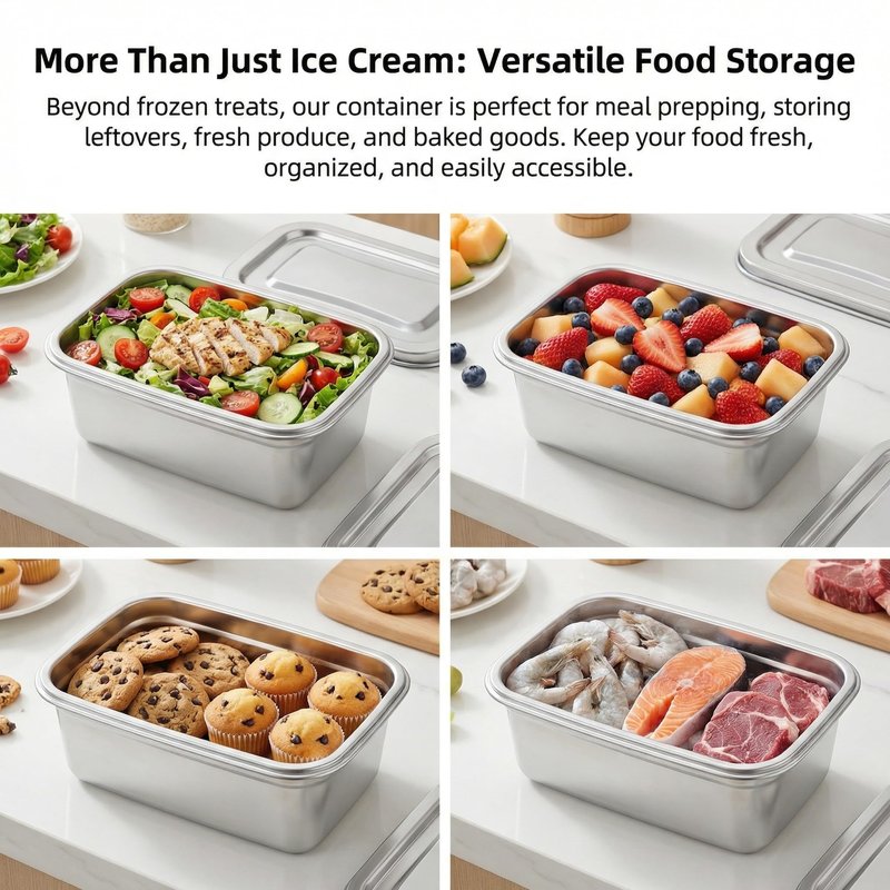 Hemoton Reusable Ice Cream Storage Containers with Lids Stainless Steel Food Keeper Freezer Box Insulated Ice Cream Tub for Refrigerator Home Made Ice Cream, 0.76 Quart Airtight Box for Frozen Yogurt