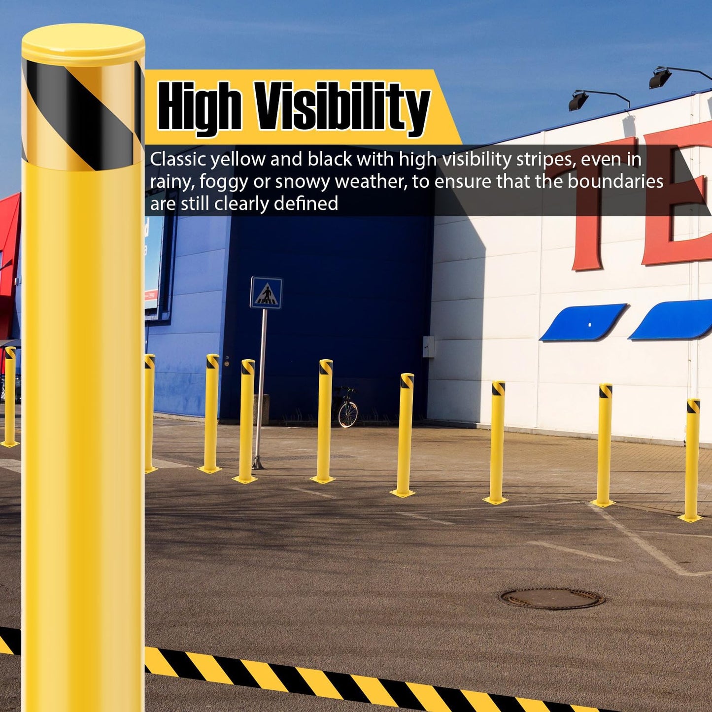 4 Pack Safety Bollard, 30 x 4.5 Inch Steel Bollard Post, Yellow Parking Post, Removable Safety Barrier with Anchor Bolts, High Visibility Driveway Barrier for Construction, Traffic Control, Warehouses