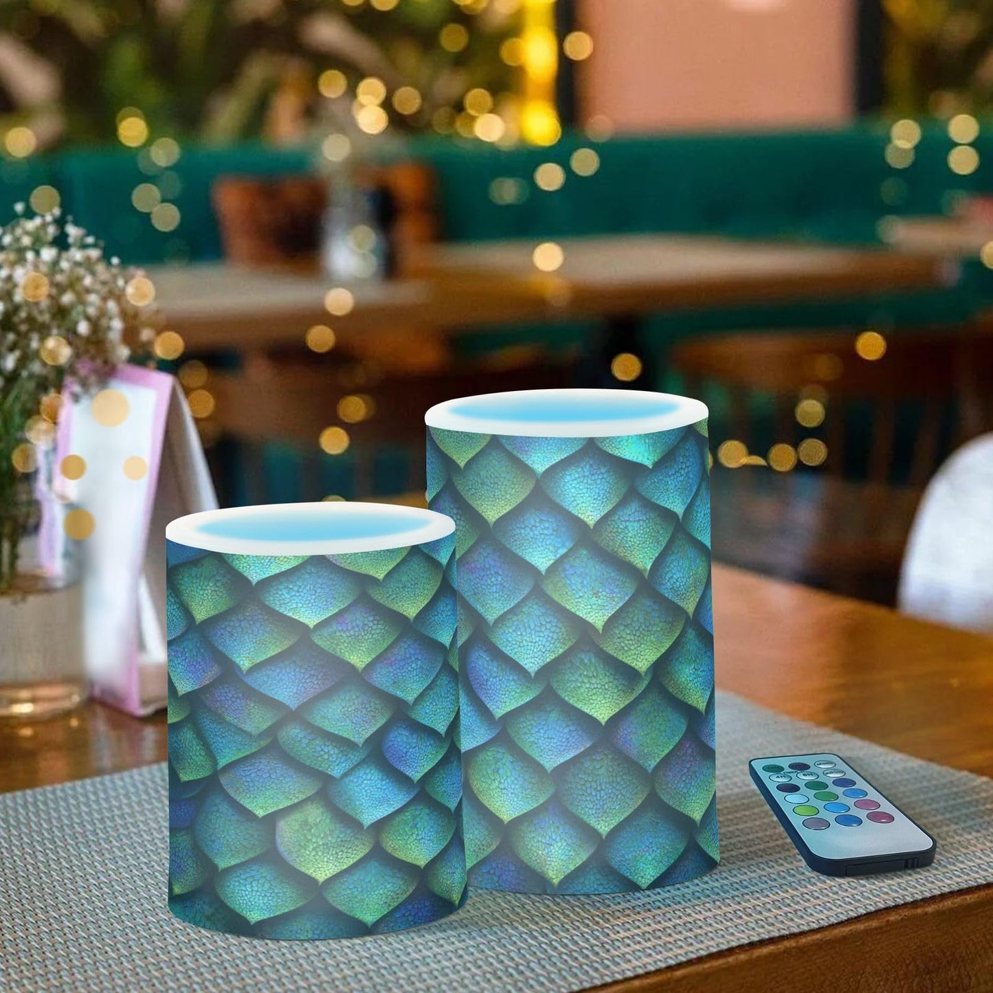Pigsaly Flameless Candles Battery Operated Magic Animal Bright Blue Dragon Fish Scale Flickering Led Pillar Candles with Remote Control Colour Changing Warm Light Candles for Halloween Christmas Wed