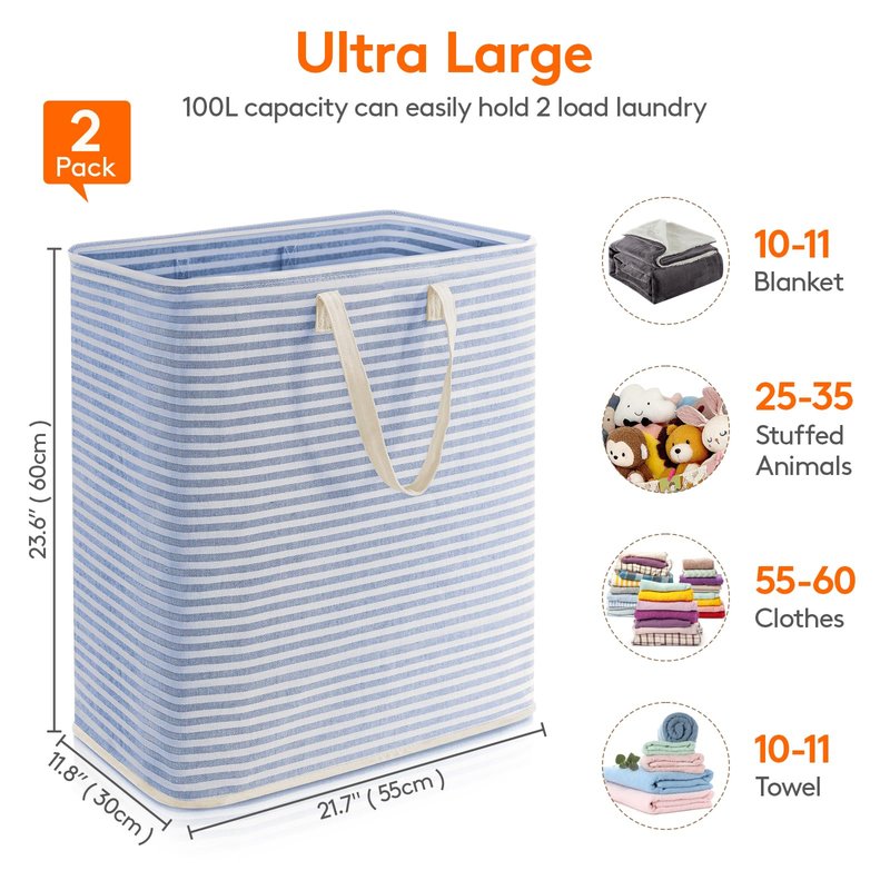 Lifewit 2 Pack Laundry Basket 100L Each, Collapsible Clothes Hamper with Reinforced Handles, Freestanding Waterproof Design for Bedroom and Laundry Room, Pink&Blue 200L Total