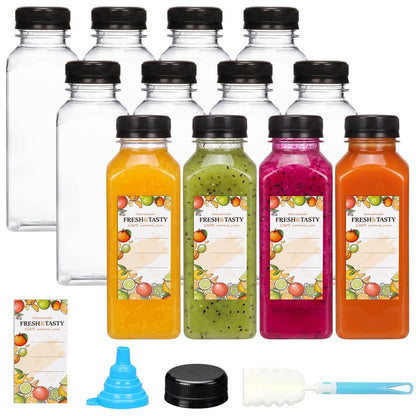 TOMNK 12pcs Juice Bottles, 12oz Reusable Plastic Juice Containers Bottles with Caps and Labels, Funnel, Brush Beverage Containers for Juicing, Smoothies, Tea, Milk