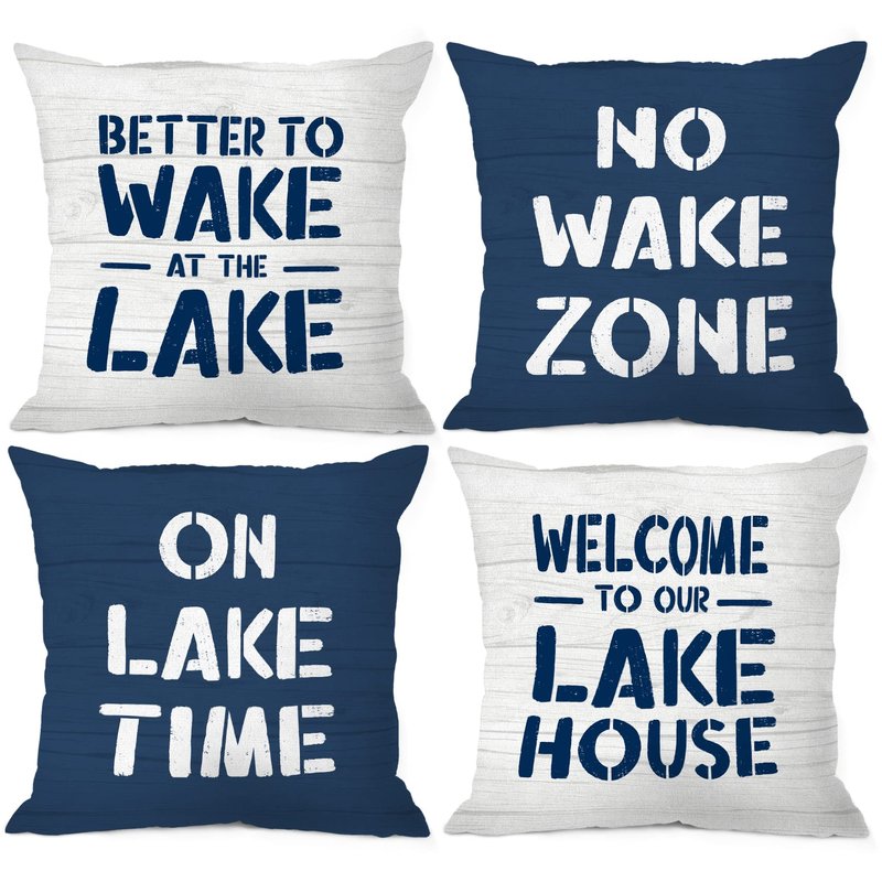 MIXDING Welcome to Our Lake House On Lake Time Throw Pillow Cover Pillowcase 18x18 Inch (Set of 4) Decor, Lake House Farmhouse Porch Sofa Bed Home Decoration