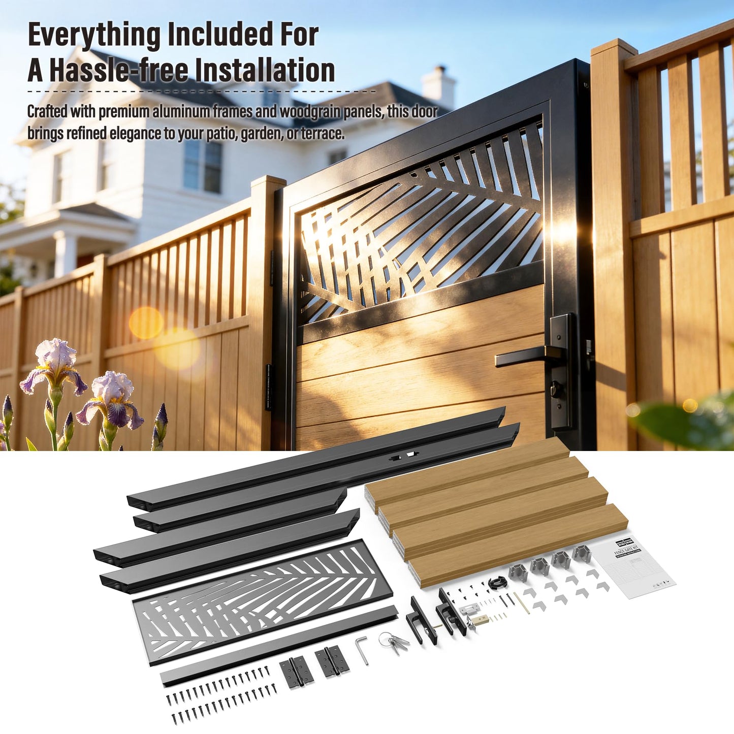 Brukid 3x5 FT Aluminum Fence Gate Kit Wood Grain Aluminum Gate with Decorative Cutout, Lock & Hinges, Left/Right Opening, Weather Resistant for Yard Garden Patio