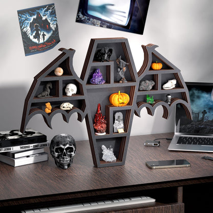 Qmetalart Coffin Shelf with Bat Wings, Wooden Gothic Decor for Display or Storage Rocks Mini Figures, Wall Hanging & Tabletop Crystal Display Shelf Gothic Home Decor
