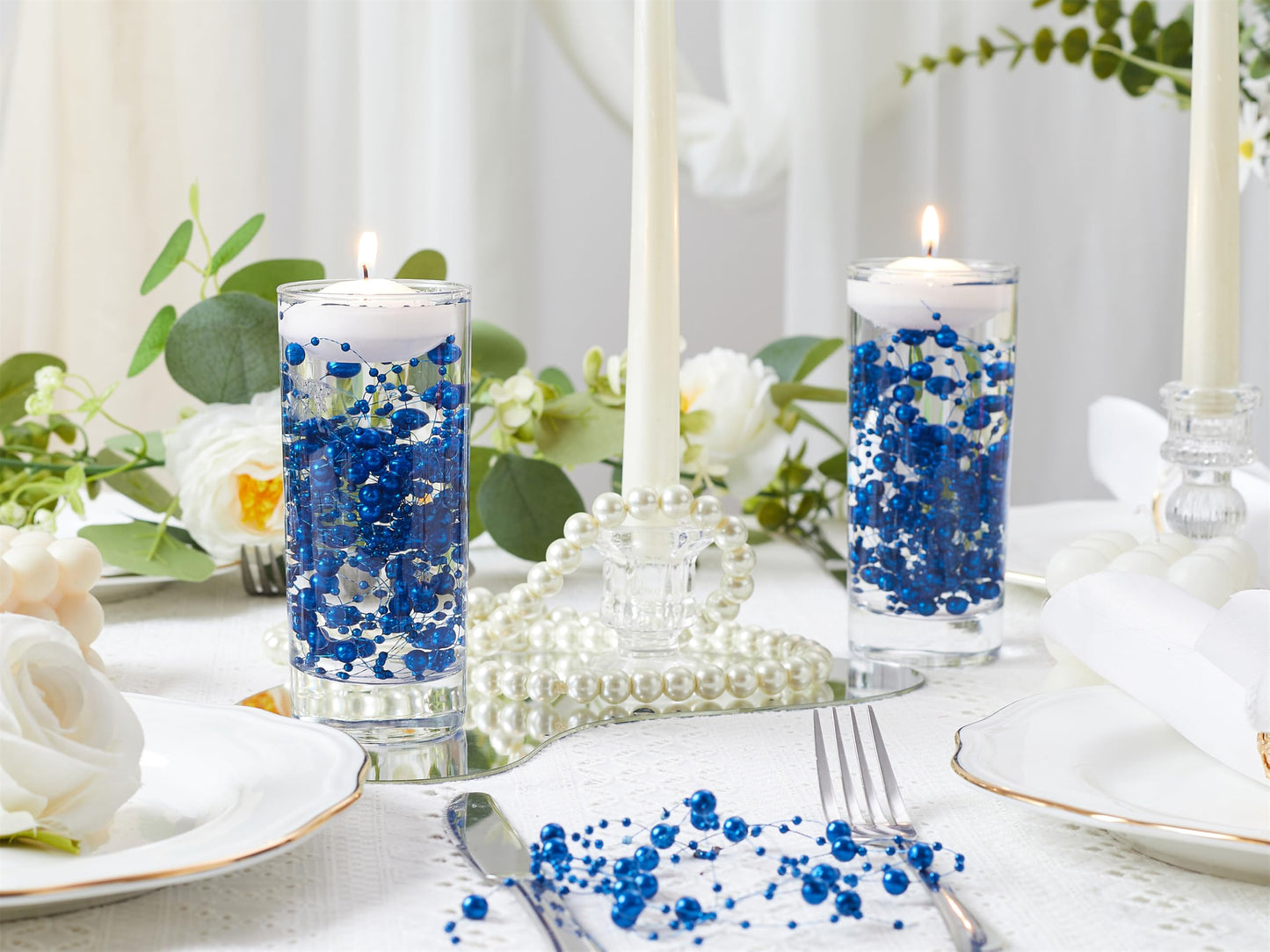 YATOJUZI 30 PCS Artificial Pearl String Blue Vase Filler Floating Pearls for Vases Centerpieces Faux Pearl Beads String Decorations Wedding Holiday Party Decor