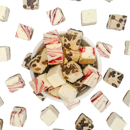 Freeze Dried Cheesecake Bites New York Style 4.1oz - Caramel, Chocolate Chip and Strawberry Cheesecake Swirl Freeze Dried Dessert - Mini Chocolate Cheesecake Bites in Resealable Bag - Ideal Gift Snack