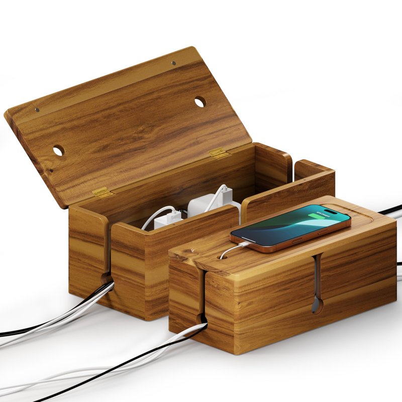 BLUEWEST 2-Pack Cable Management Box, Acacia Large Cable Cord Organizer Boxes for Power Strip – 3 Open Slots Wooden Cords Hider Box for TV Wires, Computer, Router, USB Hub and Under Desk Power Strip
