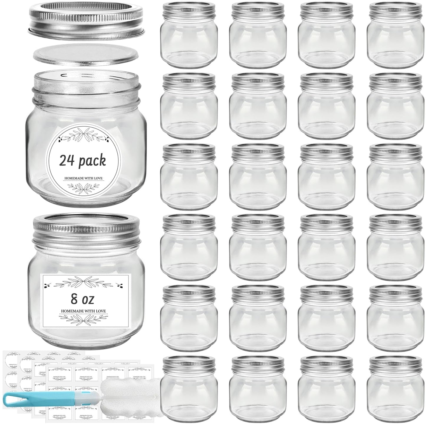 Waymind 8 oz Glass Mason Jars, 24 Pack Regular Mouth Glass Canning Jars with Silver Aluminum Lids and Bands, Airtight Jam Jars for Food Storage, Pickling, Fermenting, Honey, Jelly, DIY Candles Decor