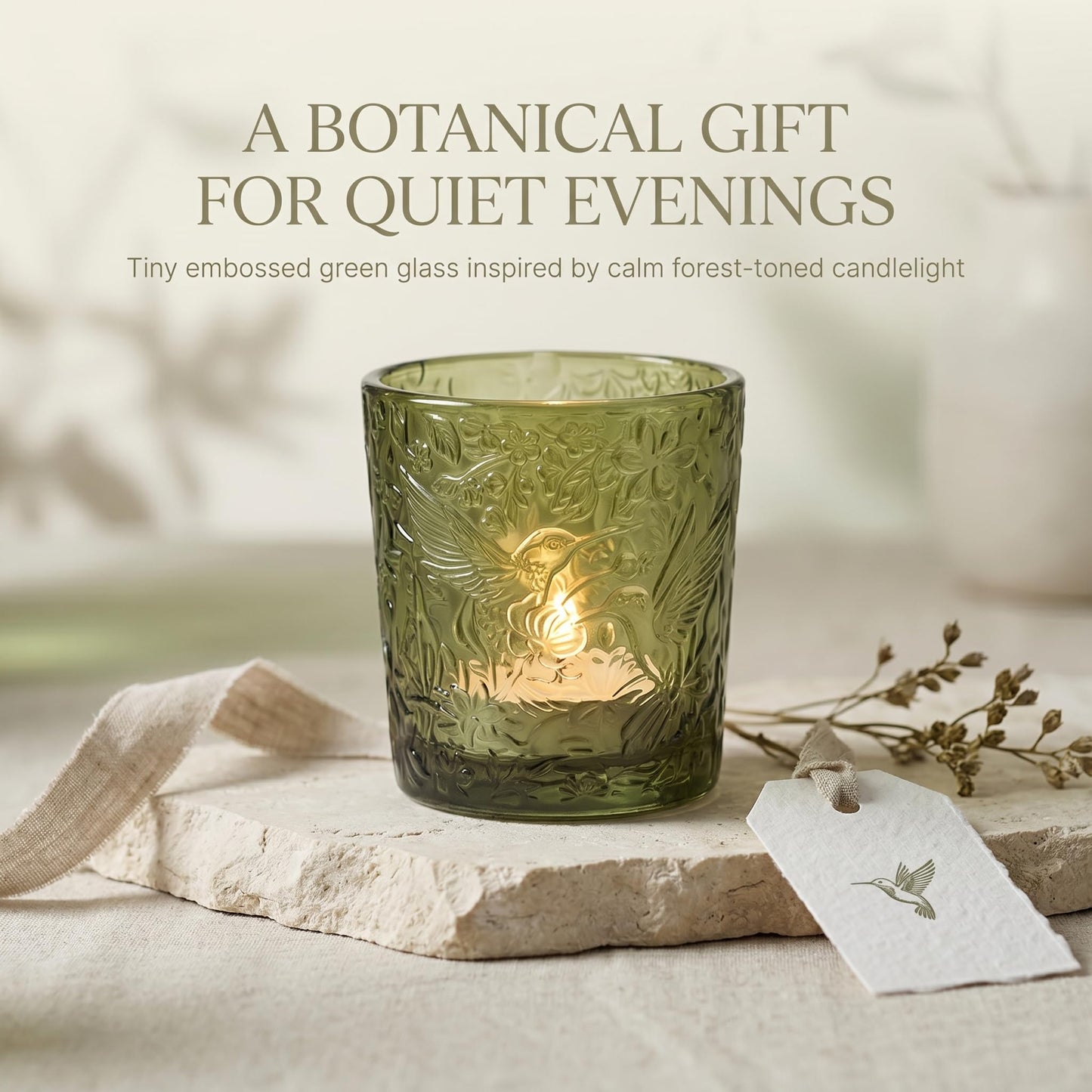 12 Pack Hummingbird Embossed Glass Candle Holders – Votive Tealight Holders with Patent Design, Decorative Embossed Glass Cups for Wedding Centerpieces, Parties, and Home Décor (Moss Green)
