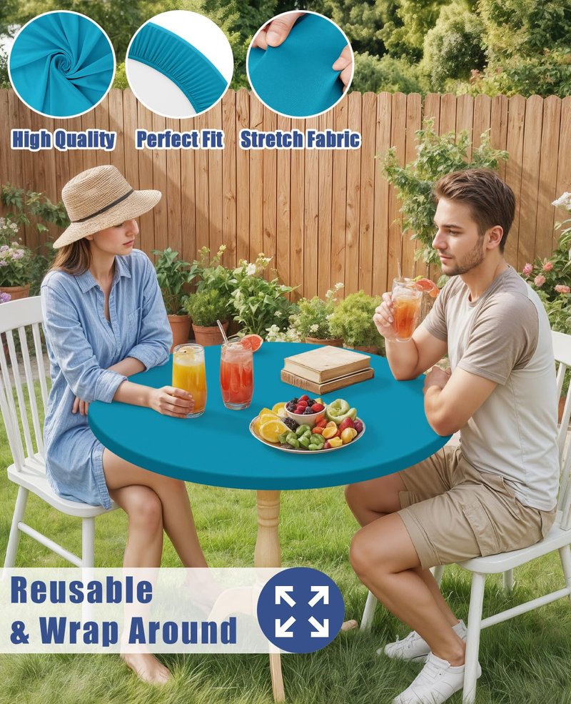 Moosfor Round Spandex Tablecloth, Elastic Fitted Waterproof Tablecloths for 45"-56" Tables, Stretch Washable Picnic Table Cover for Camping, Dining, Indoor and Outdoor, Turquoise