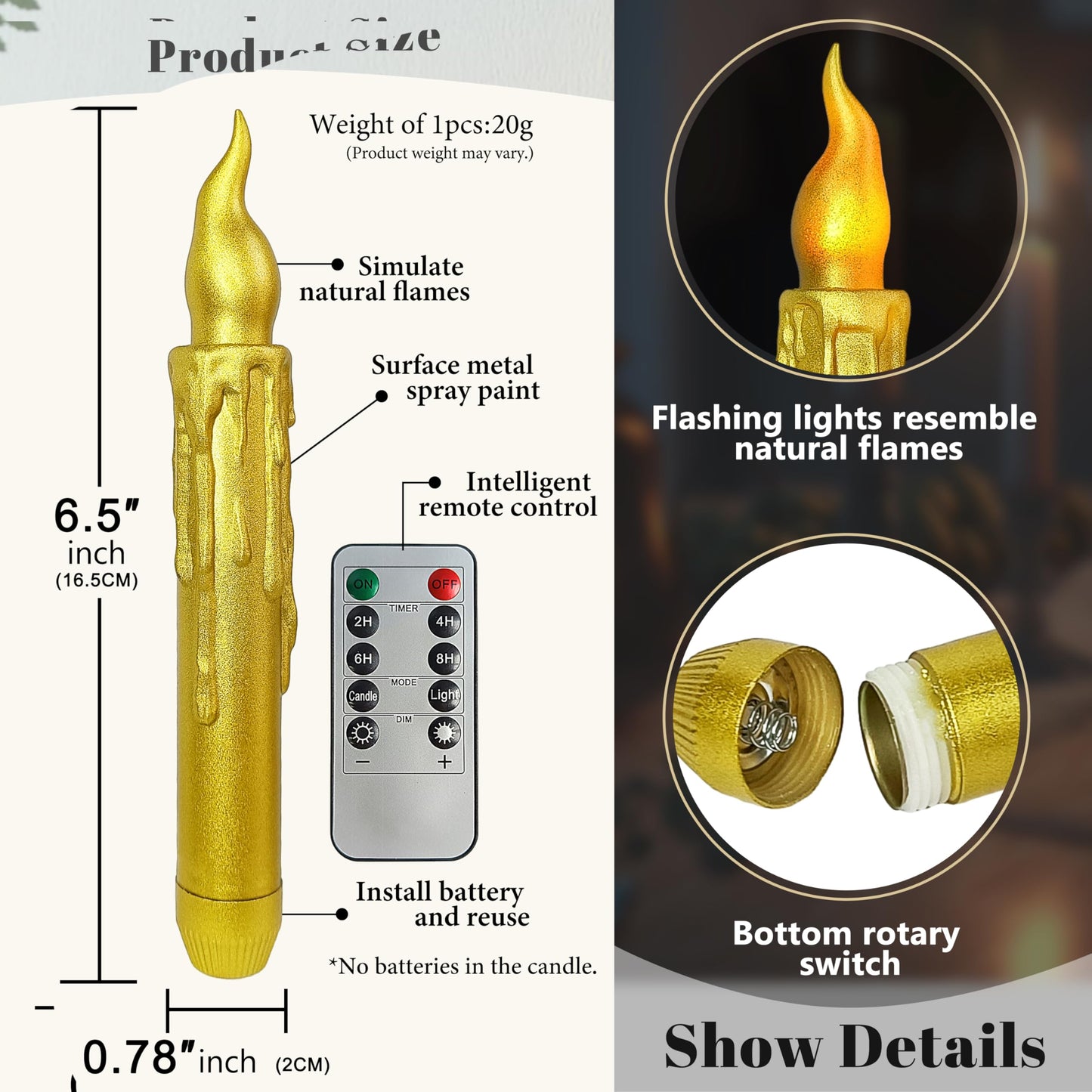 FCMSHAMD Gold Silver Christmas Flameless Short Taper Candles, Red Green LED Battery Operated with Remote, Flickering Flame Lights for Home Décor, 6.7 Inch Primitive Flameless Print Candles, 4PCS