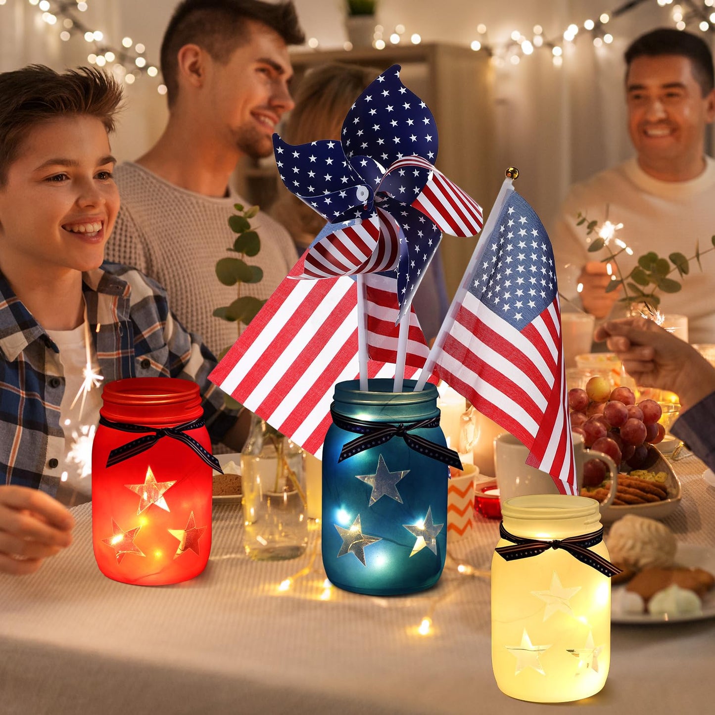 Domensi 4th of July Patriotic Table Decoration Set Rustic Mason Jar Tea Light Candle Holders with String Lights for Independence Day Centerpiece Transparent Mason Jars Labor Day Supplies
