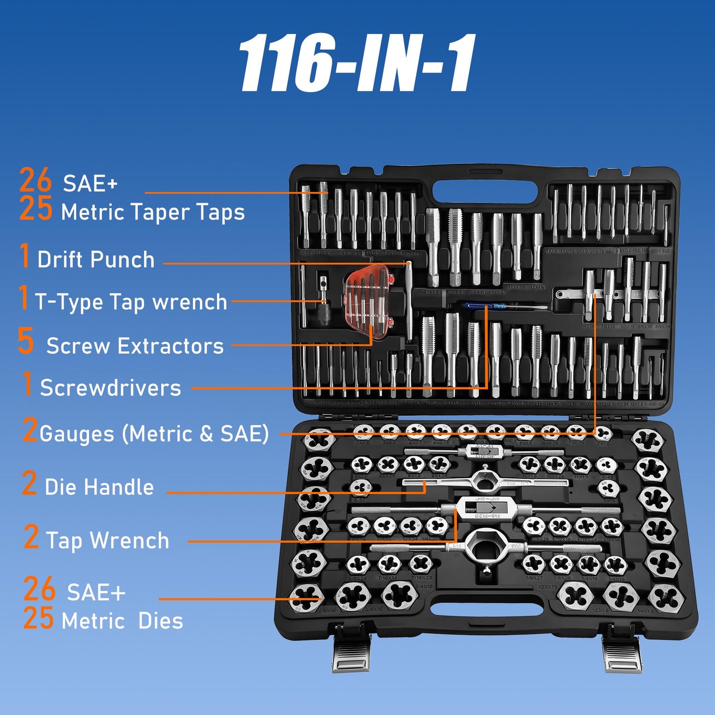 Anfrere 116pcs Tap and Die Set in SAE & Metric Sizes, Standard Tap Set and Die Tool Set for Threading and Rethreading Internal and External Threads, M3-M18 Thread Repair Kit