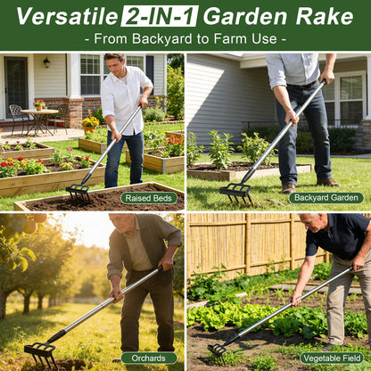 REILEIHODE Hoe Garden Tool for Weeding 2-in-1 Heavy Duty Metal Stirrup Hoe 4 Tines Prong Weed Hoe with 25-74 inch Long Adjustable Handle for Women Kids Men