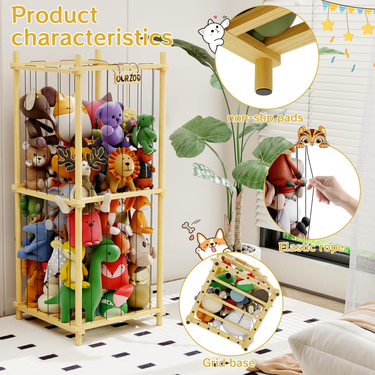 HAIDAIYA Stuffed Animal Zoo Storage Cage Wooden, Wood Extra Large Stuffed Animal Storage Basket, Toy Storage for Big Stuffed Animals, Large Toy Chest for Kids Girls Boys Toy Organizer Holder