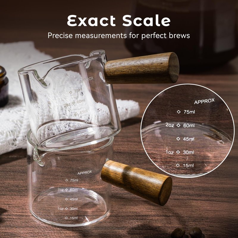 QWACVRTM 2 Pack Espresso Shot Cups Measuring cups, Wooden Handle V-Shaped Double Spout Espresso Shot Glass, Coffee Bar Essentials, coffee accessories