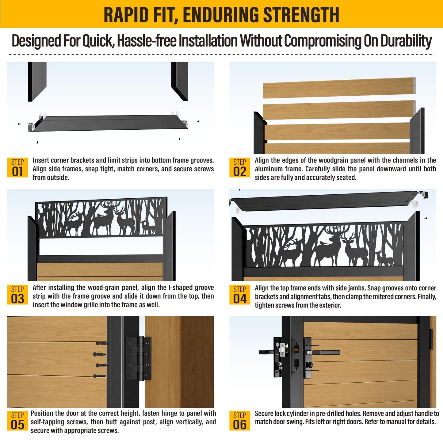 Brukid 4x5 FT Aluminum Fence Gate Kit Wood Grain Aluminum Gate with Decorative Cutout, Lock & Hinges, Left/Right Opening, Weather Resistant for Yard Garden Patio
