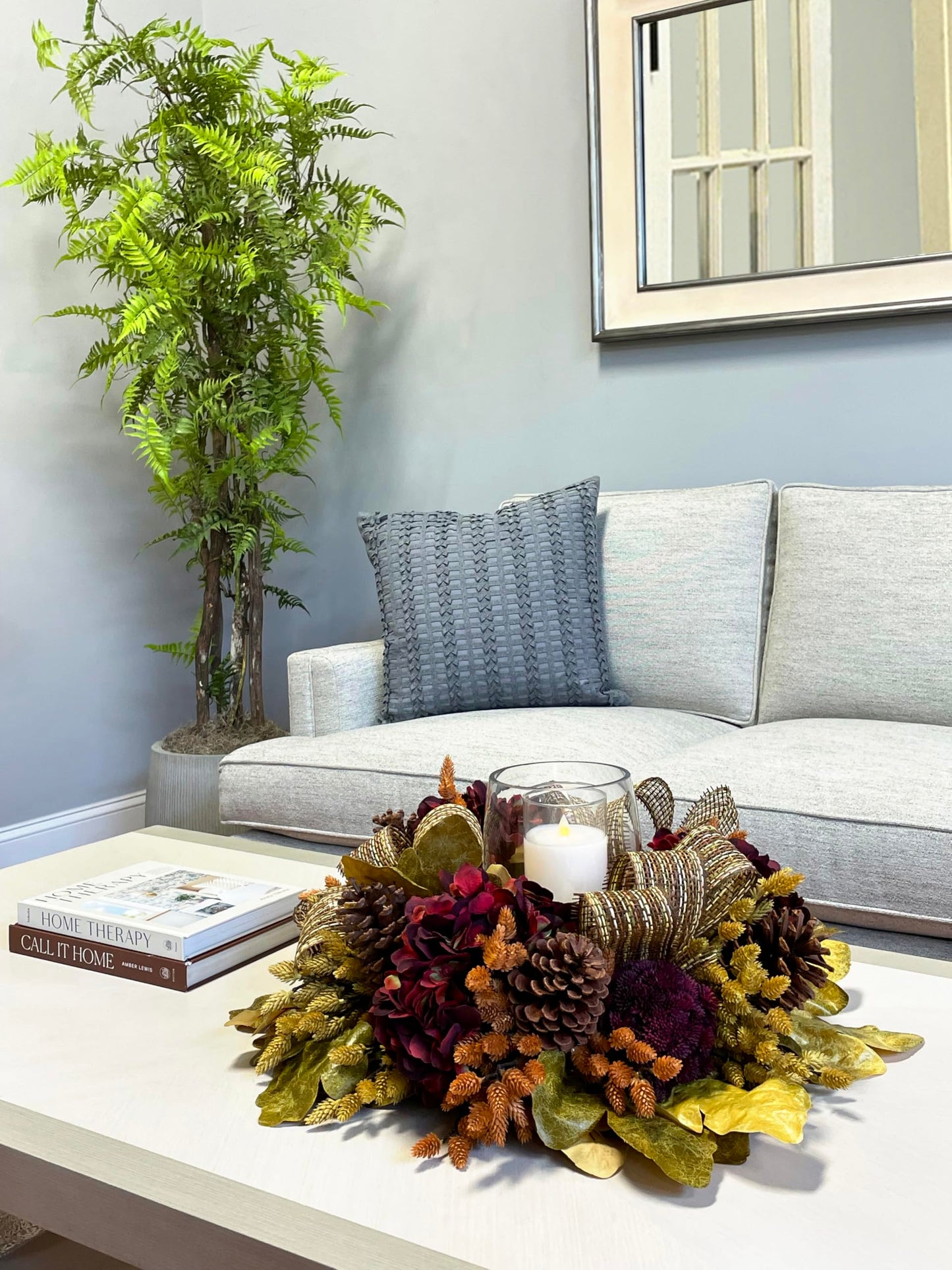 Fall Candleholder Centerpiece with Pinecones