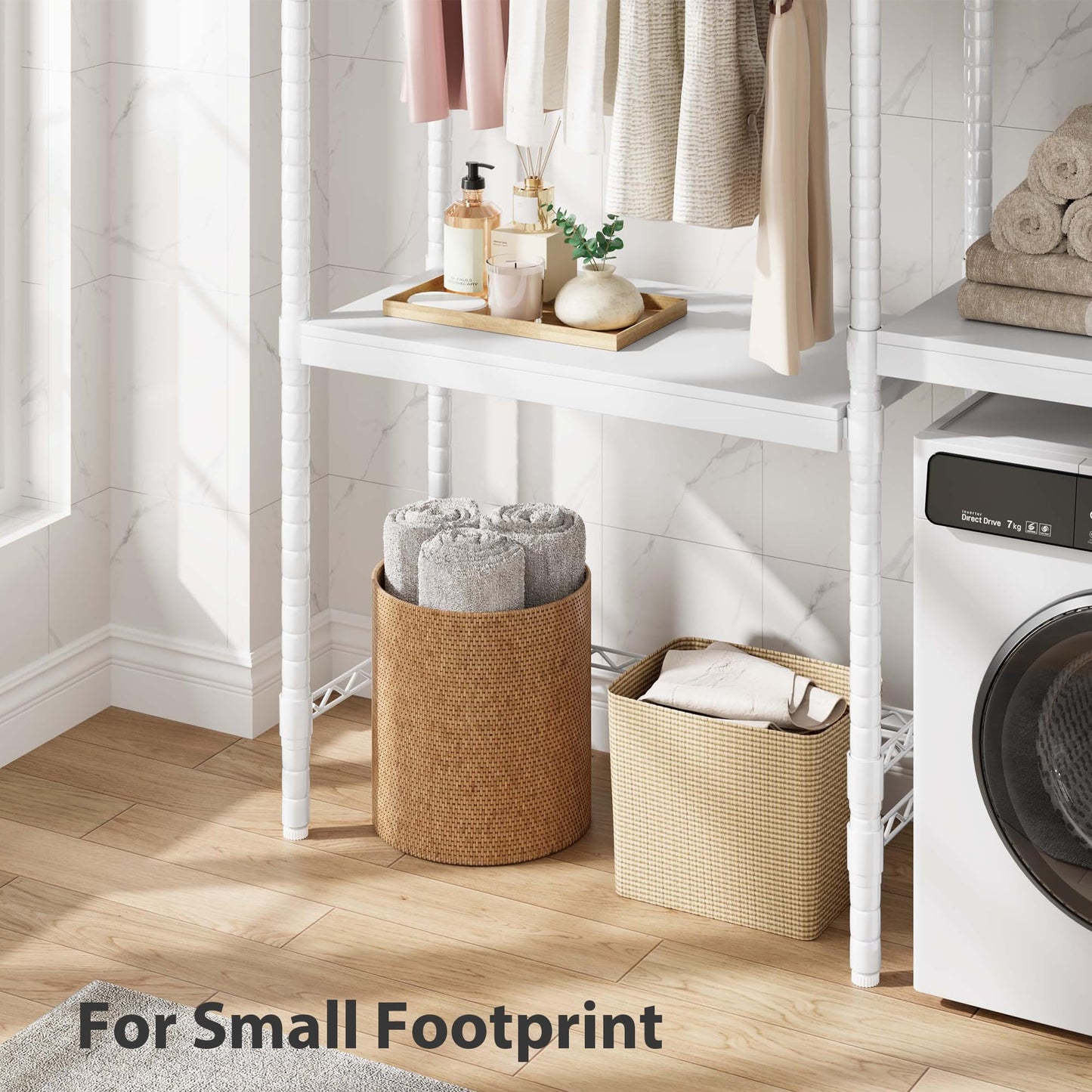 Garvee 30 in 5-Tier Over-The-Washer Shelf – Adjustable Height Laundry Organizer with Double-Layer Wood Shelves (100 LB Capacity), Space-Saving Storage for Bathroom, Laundry Room, Balcony (White)
