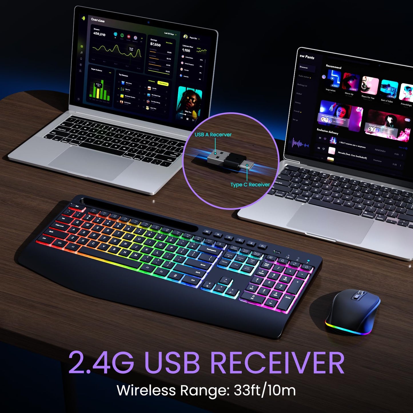Wireless Keyboard and Mouse Combo- VEILZOR 2.4G Rechargeable Keyboard with Phone Holder, Ergonomic Wrist Rest, 9 RGB Backlit Effects, Silent Keyboard Mouse Set for Windows, Laptop, PC