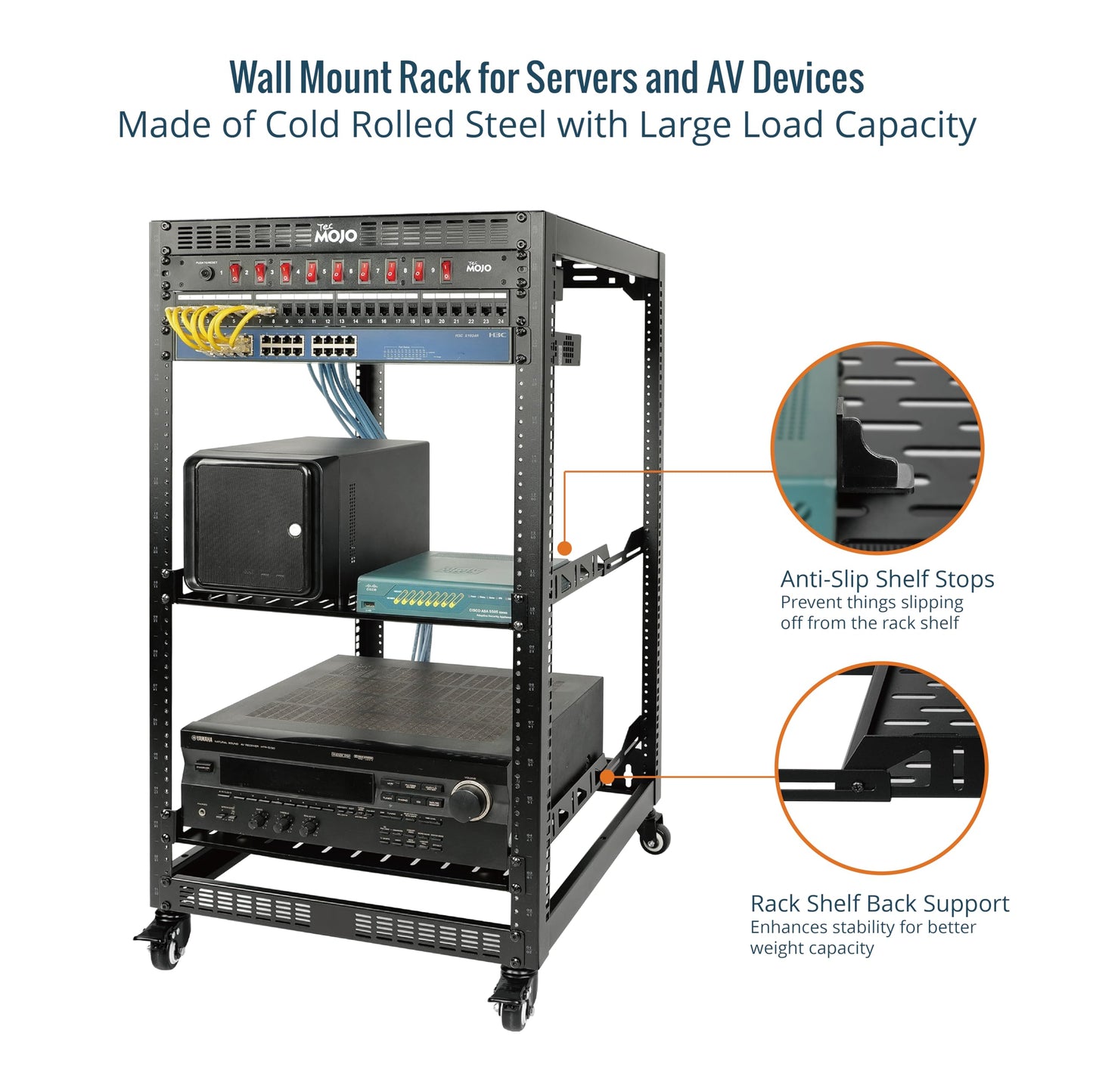 TECMOJO 20U Open Frame Network Rack for IT & AV Gear, 4-Post With Casters, Mobile With 2 PCS 1U Server Shelf & Mounting Hardware, for 19" Network, Audio and Video Device
