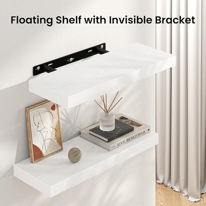 FLYJOE Floating Wall Shelves - Long Wooden Display Shelf with Invisible Brackets | 55"W x 9.3"D x 1.5"H, White