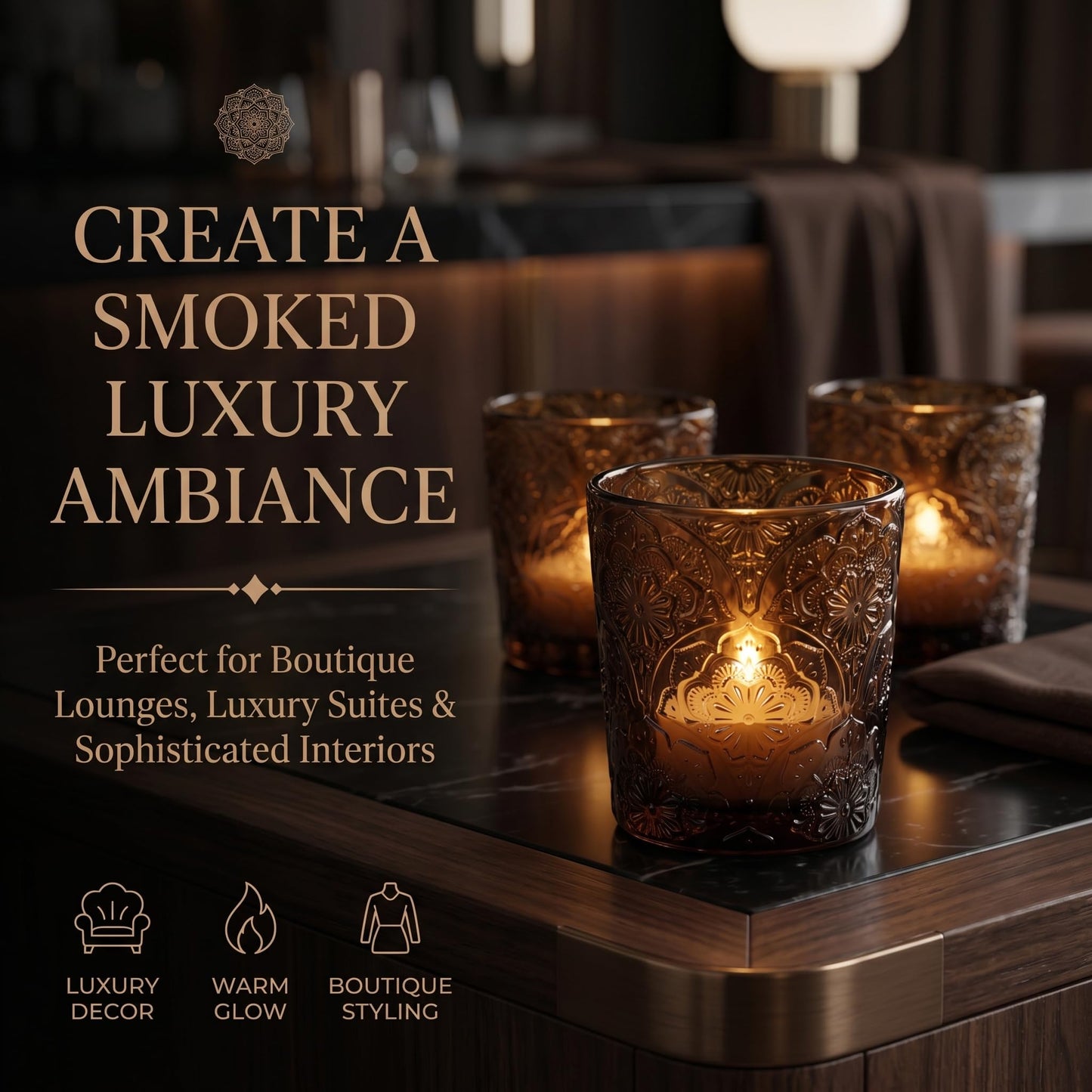 6 Pack Mandala Embossed Glass Candle Holders – Votive Tealight Holders with Patent Design, Decorative Embossed Glass Cups for Wedding Centerpieces, Parties, and Home Décor (Chestnut Brown)
