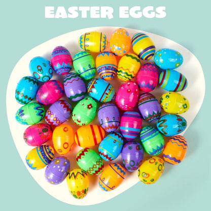JOYIN 72PCS 2.3" Printed Empty Colorful Plastic Eggs Fillable, Bright Plastic Eggs Bulks for Festival Hunt, Filling Treats, Party Favor, Basket Stuffers, Classroom Prize Supplies