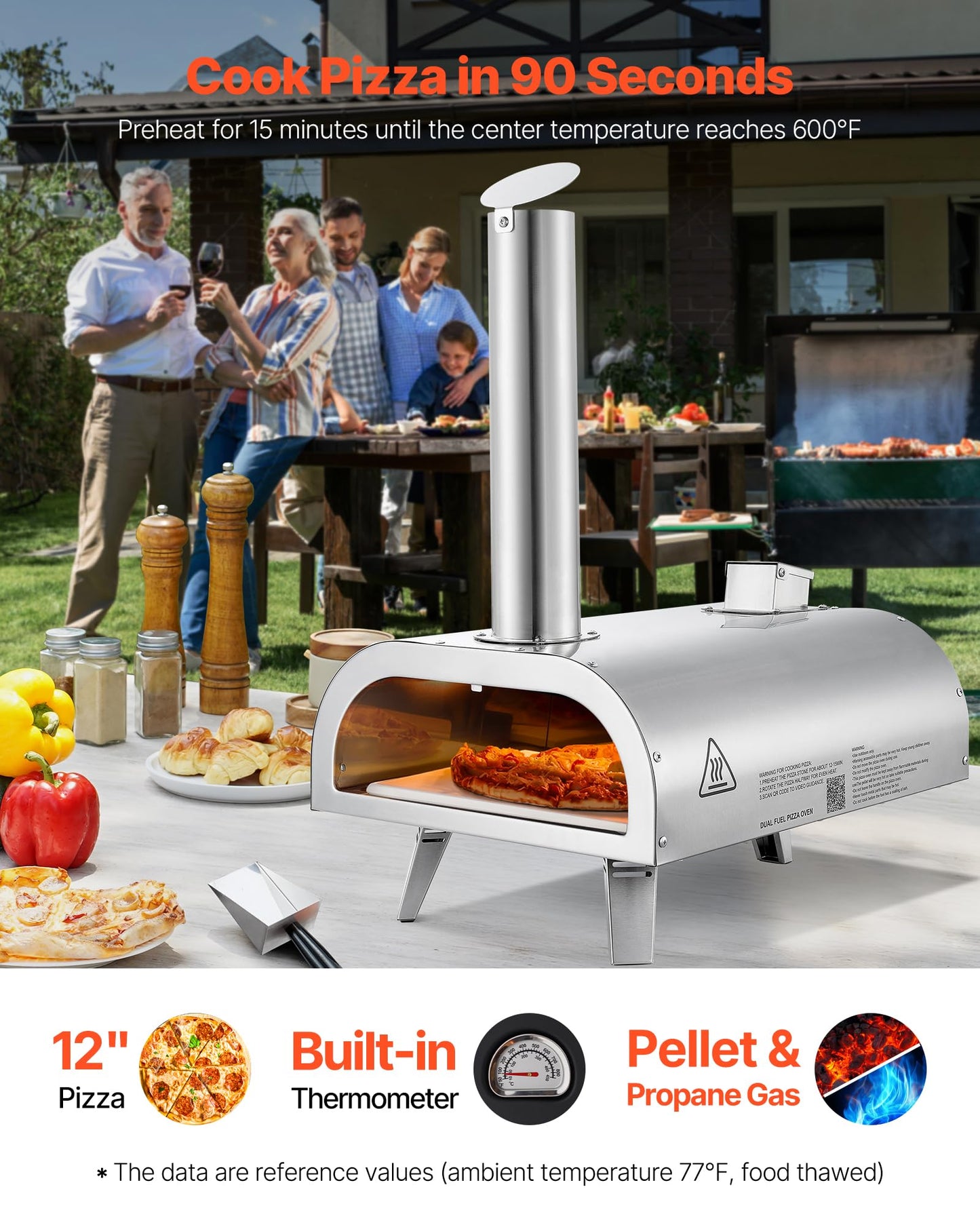VEVOR Dual Fuel Pizza Oven Outdoor, 12 Inch Wood Fire & Propane Gas Pizza Oven, Pellet & Propane Pizza-Maker with Thermometer, Carry Bag, Stainless Steel Pizza-Cook for Outside Camping & Backyard