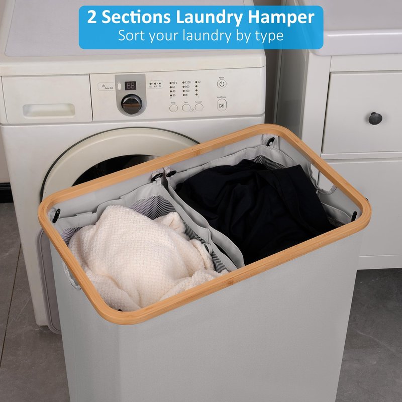 efluky Laundry Basket with Lid, 160L Tall Laundry Basket with Bamboo Handles for Clothes and Toys, Laundry Hamper with 2 Inner Bags for Bedroom, Bathroom and Laundry Room, Dove Gray