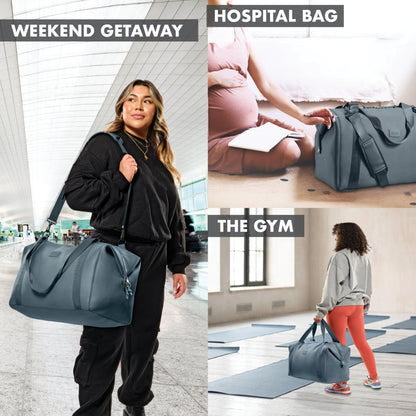 Fit & Fresh Neoprene Weekender Bag for Women – Carry-On Friendly Travel Duffel with Expandable Sides, Trolley Sleeve & Pockets – Lightweight, Water-Resistant Overnight Bag for Weekend Trips, Basalt