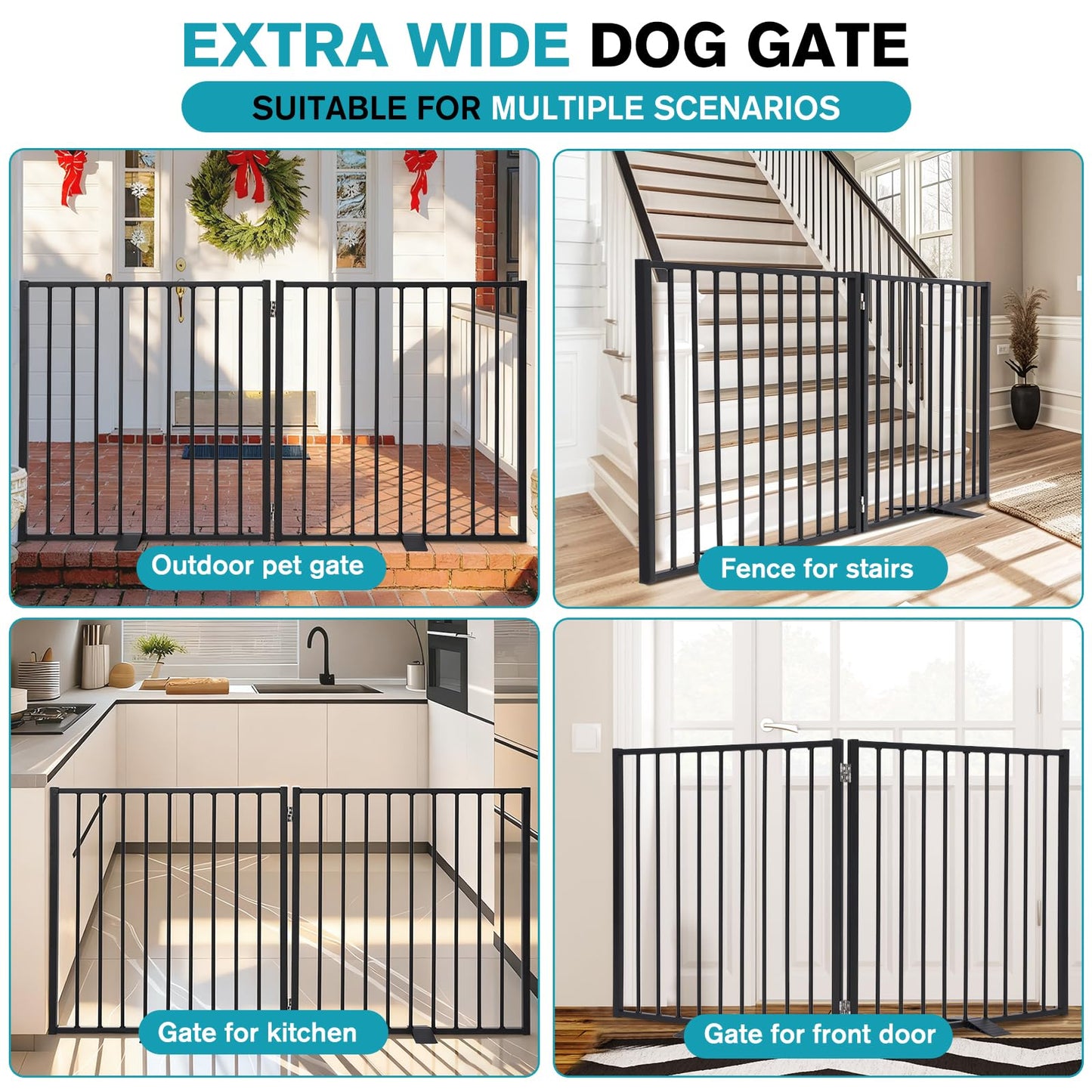 Snagle Paw Extra Wide Dog Gate,Free Standing Dog Fence with Door, Up to 52 Inch Wide Pet Gate with Support Feet for Stairs, Hallways, Doorways, Yard (Black, 2 Panels)