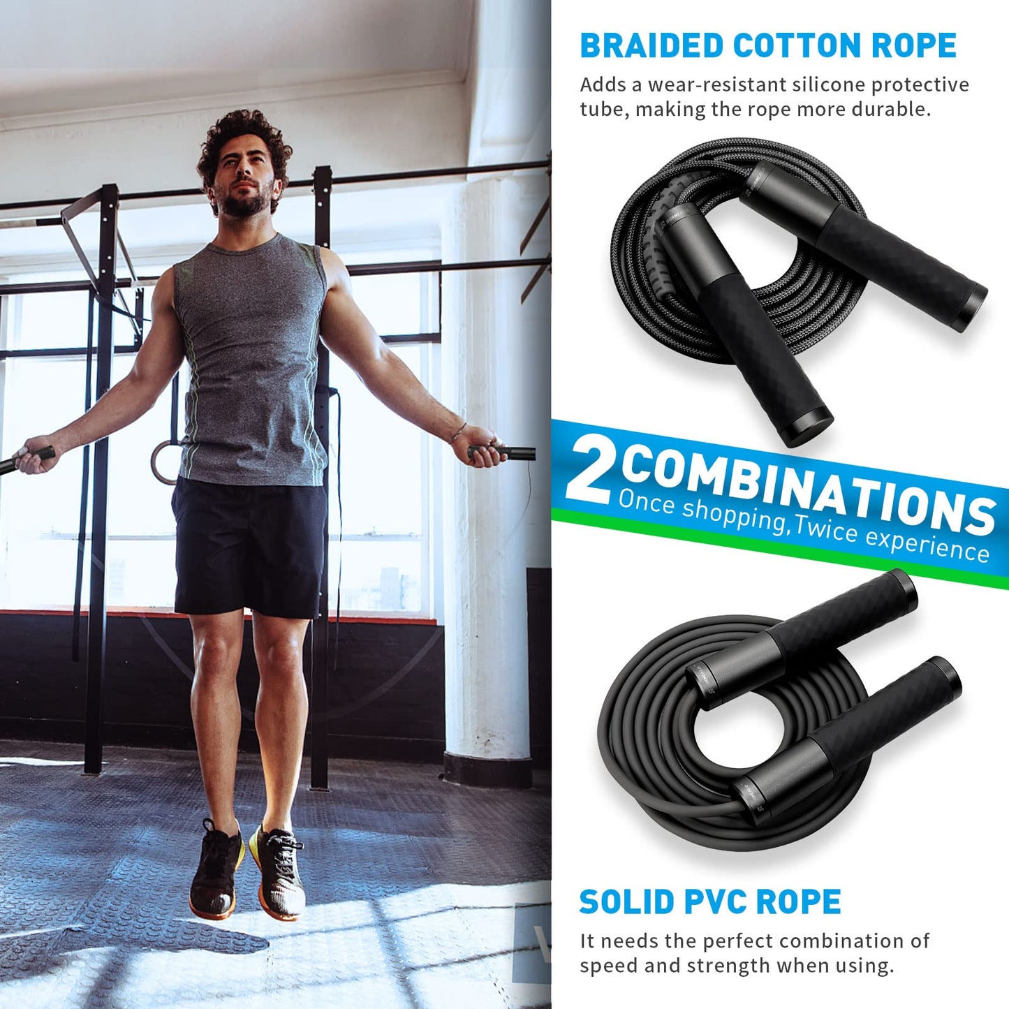 BURNCALO Weighted Jump Rope for Fitness, Skipping Rope for Men Women, Metal Heavy Handles, Ball bearings, Adjustable Length PVC Cord and Cotton Rope, Endurance Training Fitness Exercise Workout