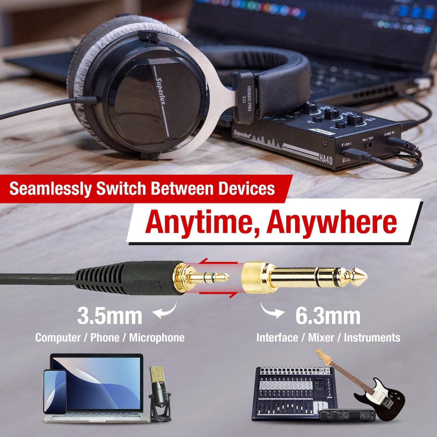 Superlux HD 660PRO, 32 ohms, Studio Recording Headphones Wired, Professional Closed-Back Headphone with 40mm Neodymium Drivers and Solid Bass, 3.5/6.3mm Jack Adapter for Tablets, Laptops, Computer