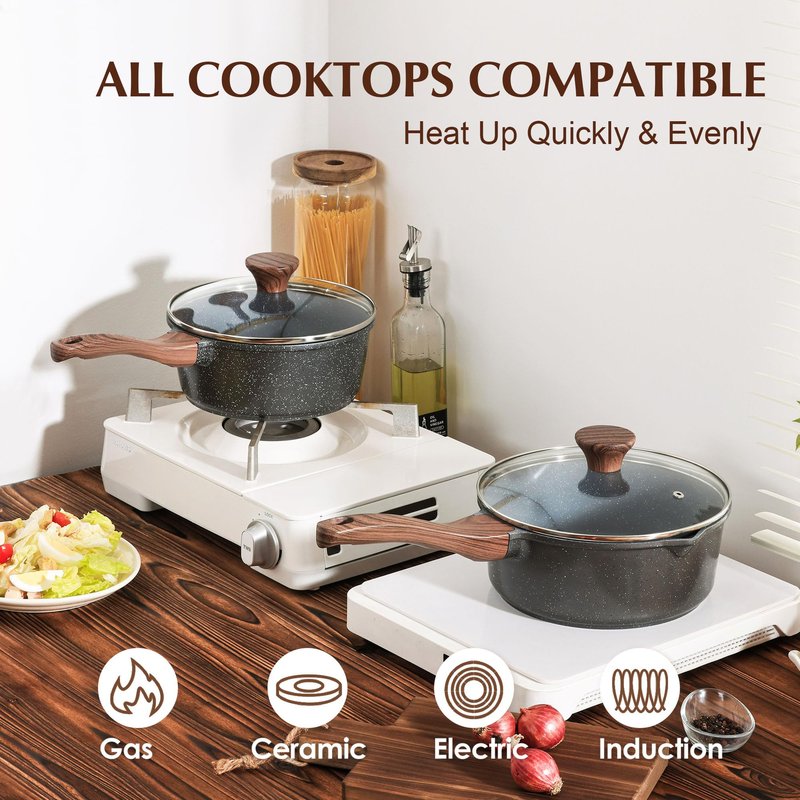 SENSARTE Nonstick Sauce Pan with Lid Saucepan Set, Swiss Granite Coating Sauce Pot Kitchen Cooking Pot Sets, Induction Comptable, Free of Intentionally Added PFOA, 1.5 + 2 QT