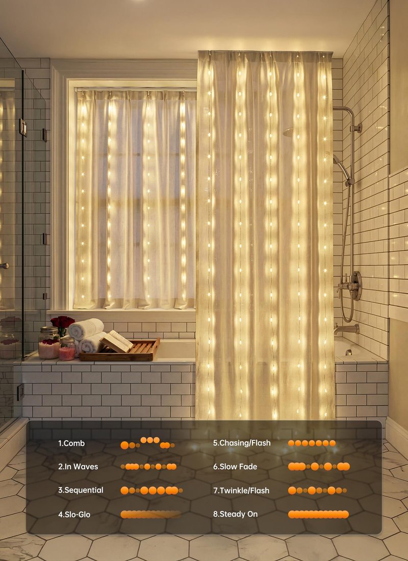 Brightown 180 LED Shower Curtain Lights, 70 Inch Warm White Fairy Lights Battery Operated String Lights, 8 Modes Waterproof Christmas Lights for Indoor Outdoor Decor(No Curtain)