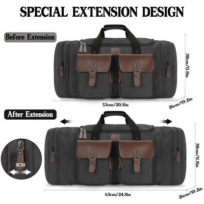 Densata Canvas Duffle Bag for Men 50L Travel Duffel Bags Expandable Genuine Leather Overnight Weekender Carry On Bag Two Zipper Pockets Travel Bag (Black, Large-50L)