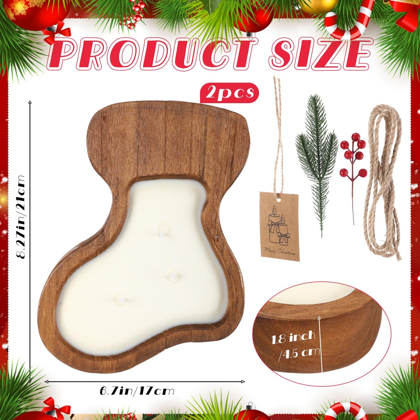 MTLEE 2 Pack Christmas Wood Dough Bowl Candle Socking Wooden Candle Bowl 3 Wick Xmas Farmhouse Decoration with Berries Pine Label for Christmas Table Centerpiece Birthday Gift Home Party Decor