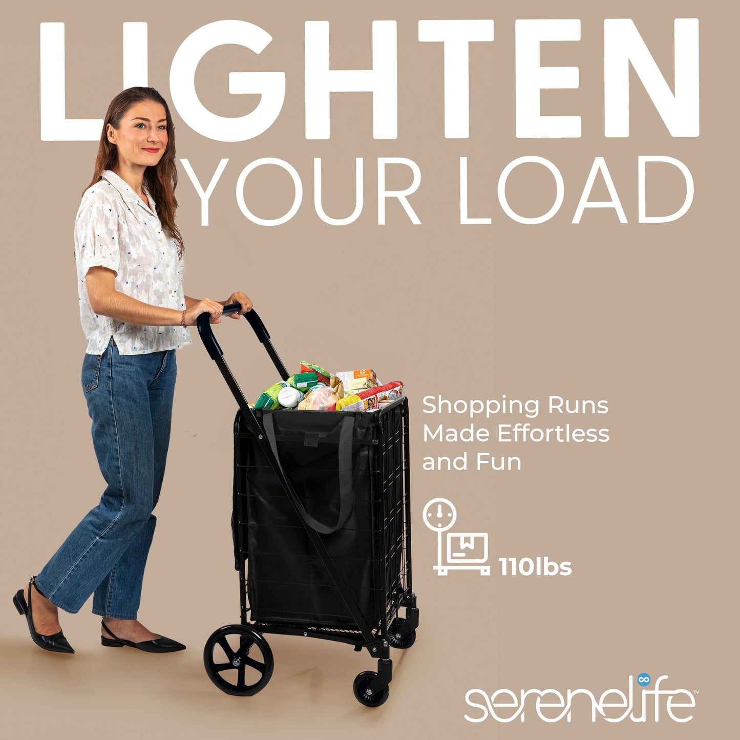 SereneLife Large Folding Utility Shopping Cart with Removable Liner – Heavy Duty, 360° Swivel Wheels, 110 lb Capacity, Portable for Groceries, Laundry, Luggage, and More (Black)
