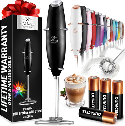 Zulay Kitchen Milk Frother Wand - Ultra-Fast Handheld Drink Mixer with 4 AA Duracell Batteries | Metallic Black