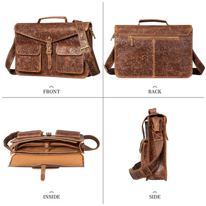 Gexmil Leather Messenger Bag for Men Women, Top Grain Leather, Laptop Briefcase Bag For College Office Business Travel, Adjustable Shoulder Strap, Flower Brown